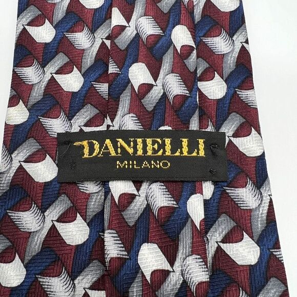 Danielli Milano All Silk Tie Handmade in Italy Burgundy Blue White Geometric Pri - Picture 4 of 6